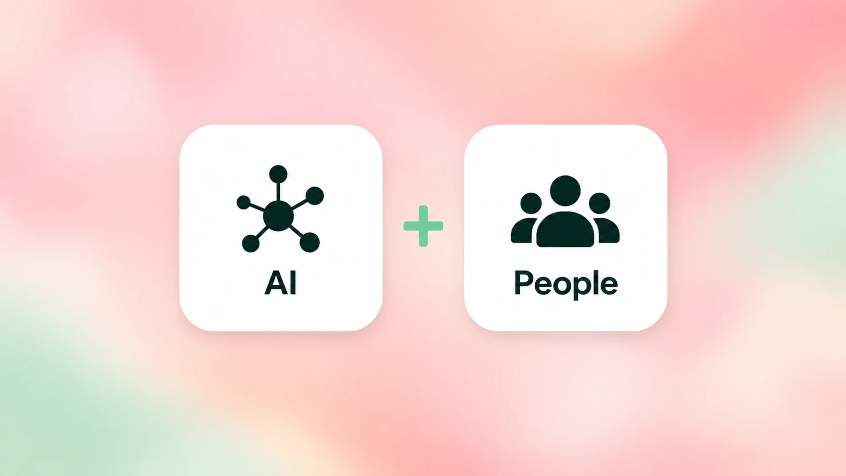 Two white tiles labelled AI and People, joined by a mint plus sign on a soft pastel background.