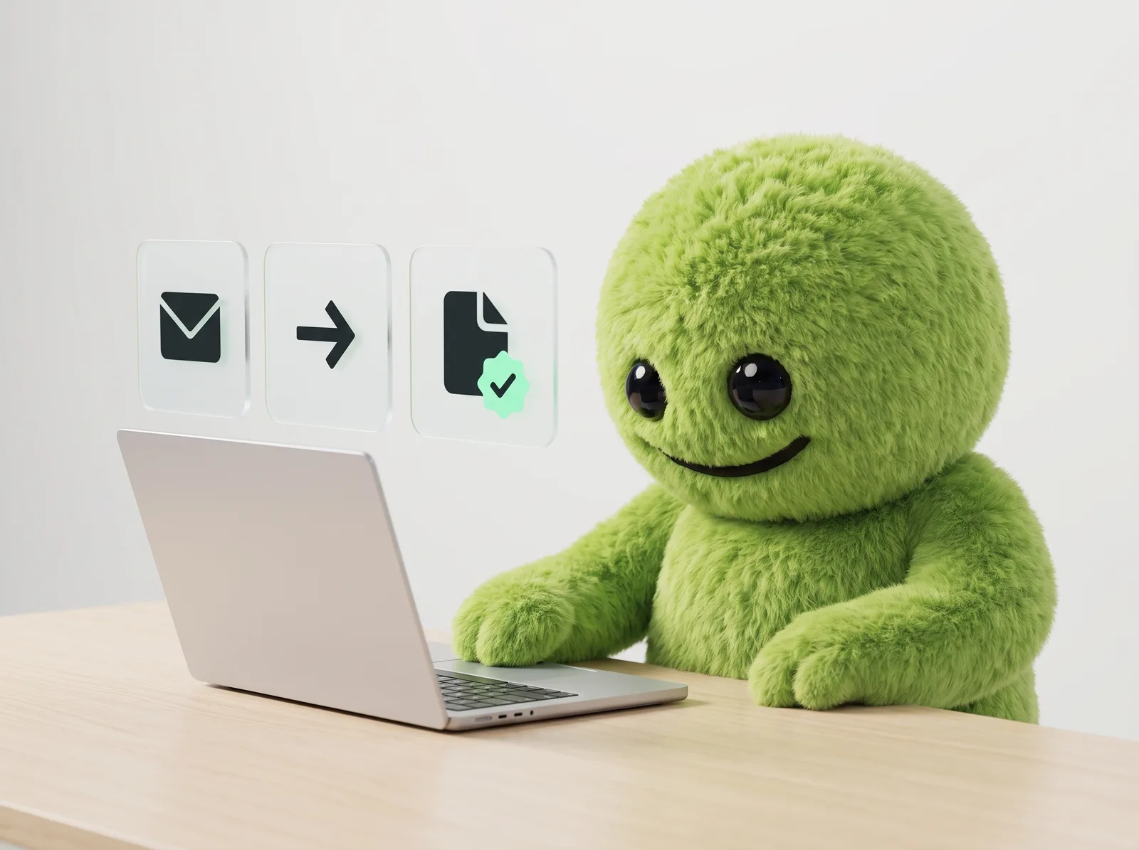 The SENNSE mascot at a laptop running an automated workflow of glass cards