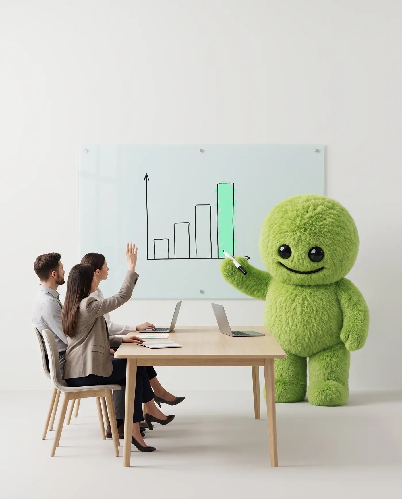 The SENNSE mascot training a team of office professionals at a whiteboard with a rising bar chart