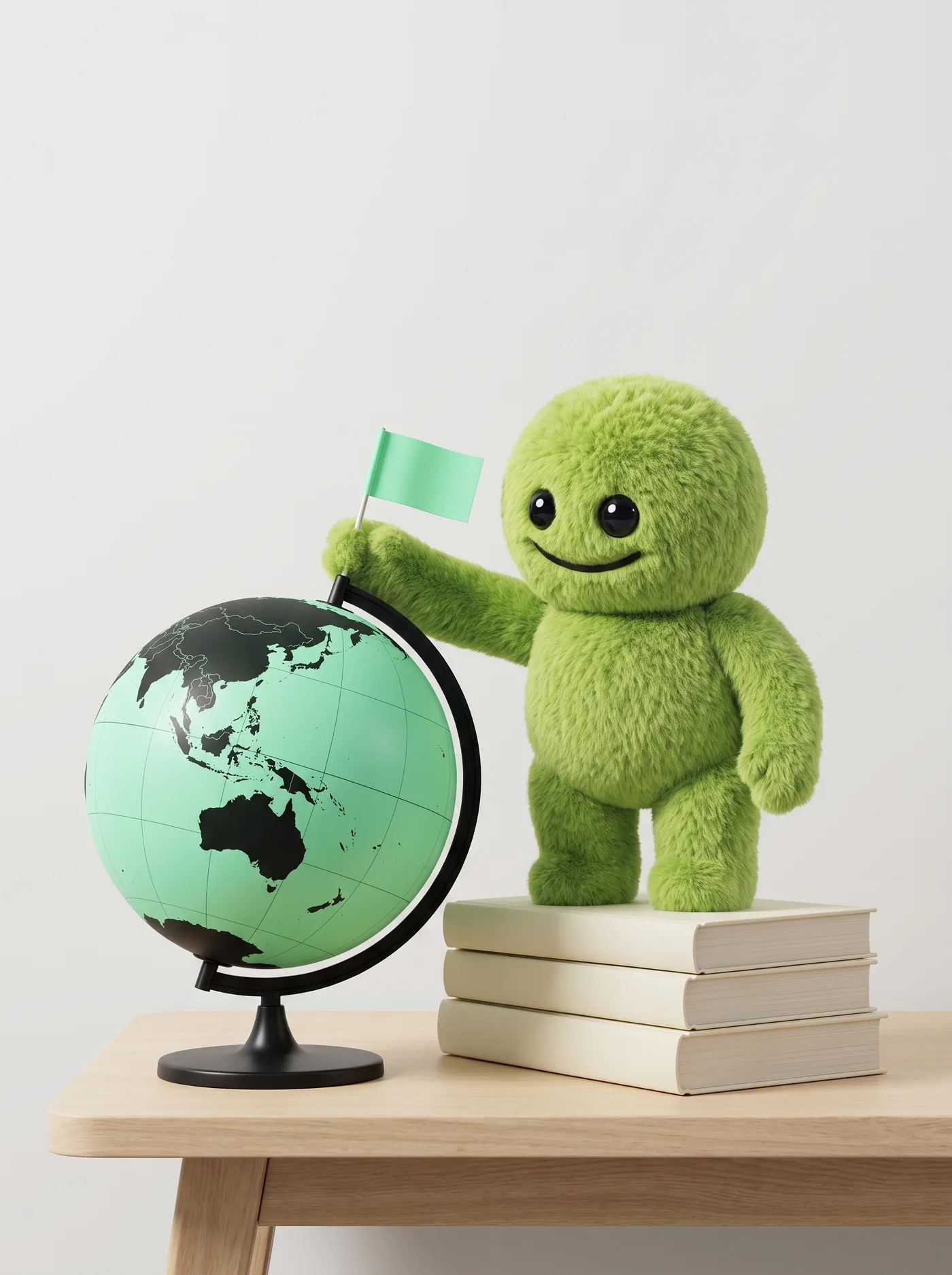 The SENNSE mascot standing on books, planting a mint flag on a globe showing Australia