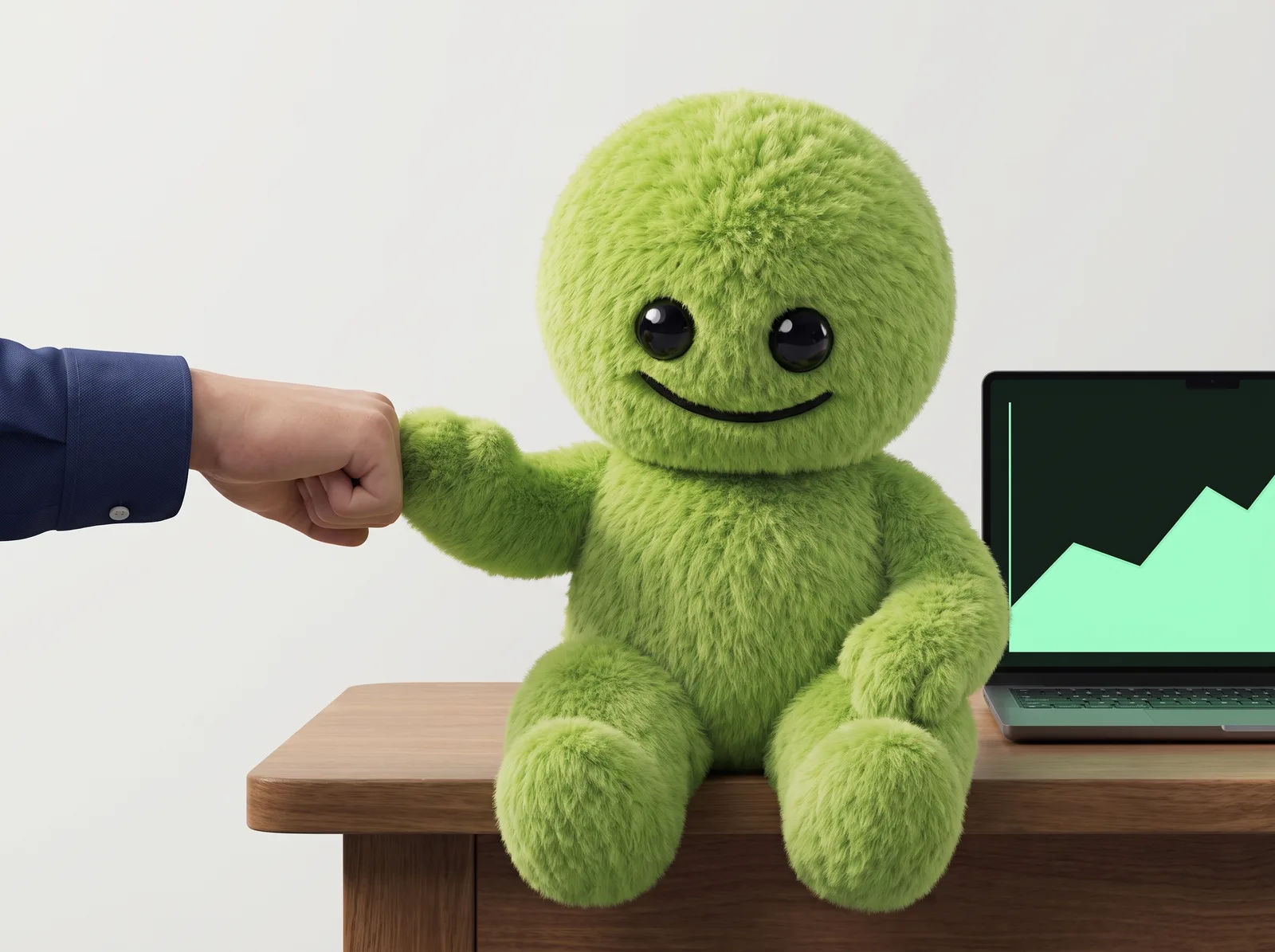 The SENNSE mascot fist-bumping a client beside a laptop showing an upward mint chart