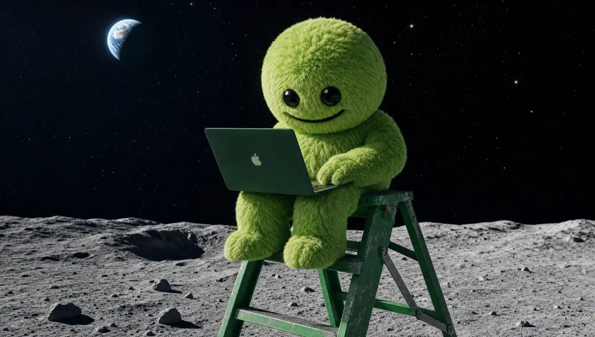 The SENNSE mascot working on a laptop on the moon
