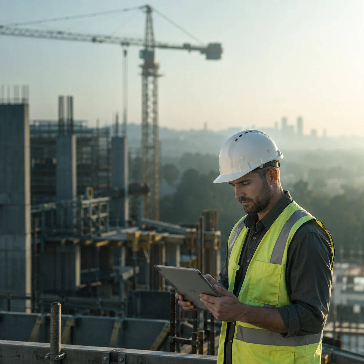 A site engineer in a hard hat and high-visibility vest reviewing drawings on a tablet at a commercial construction site