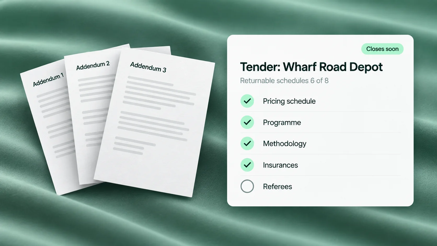 A tender checklist card showing returnable schedules mostly complete and a pill reading closes soon, with a stack of addenda beside it
