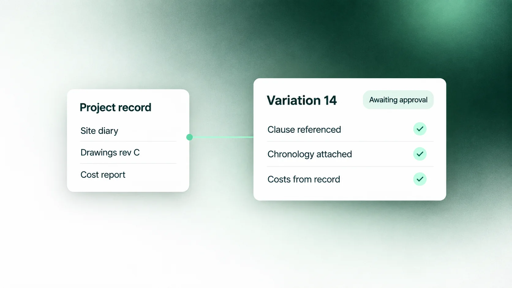 A variation card assembled from the project record, with the notice drafted, the costs attached and a pill reading awaiting approval