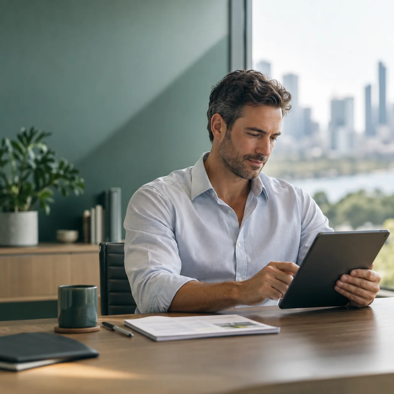 An adviser at a desk in an Australian professional services office, reviewing a client file on a tablet
