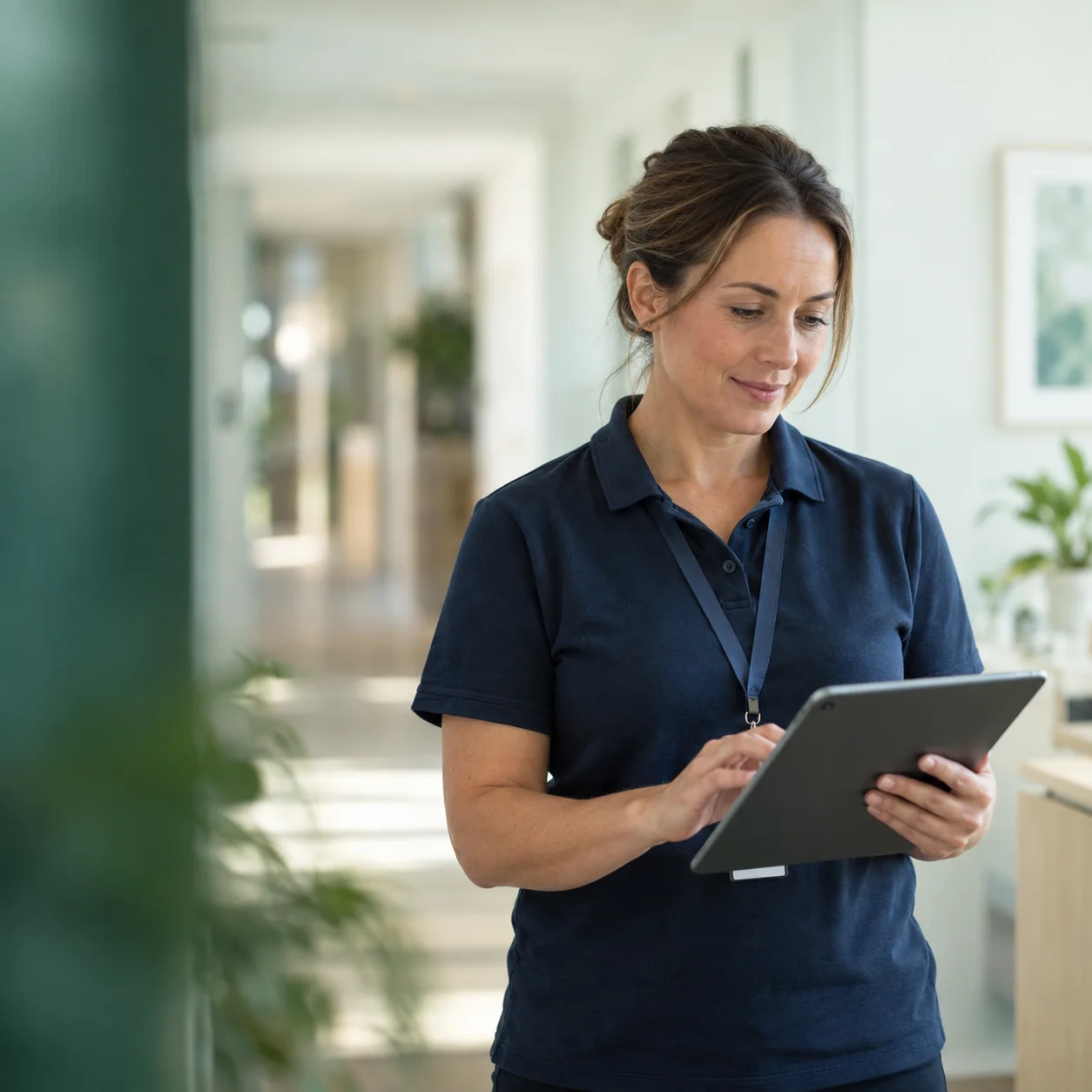 A care coordinator in a bright clinic office reviewing a care plan on a tablet