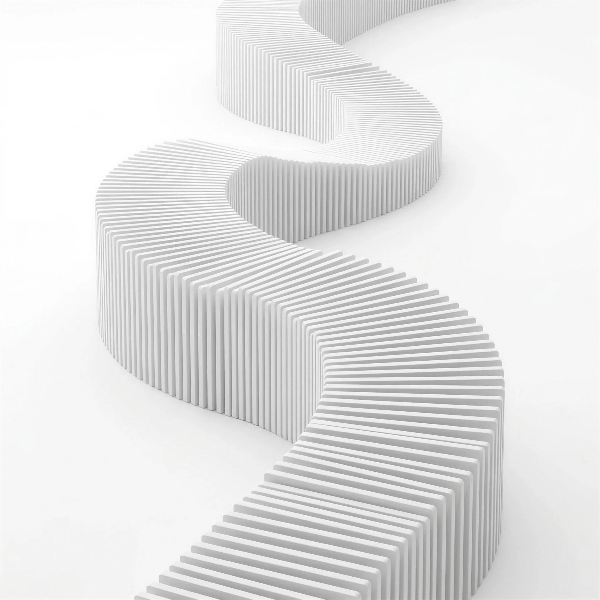 A flowing ribbon of stacked white plates rising in steps
