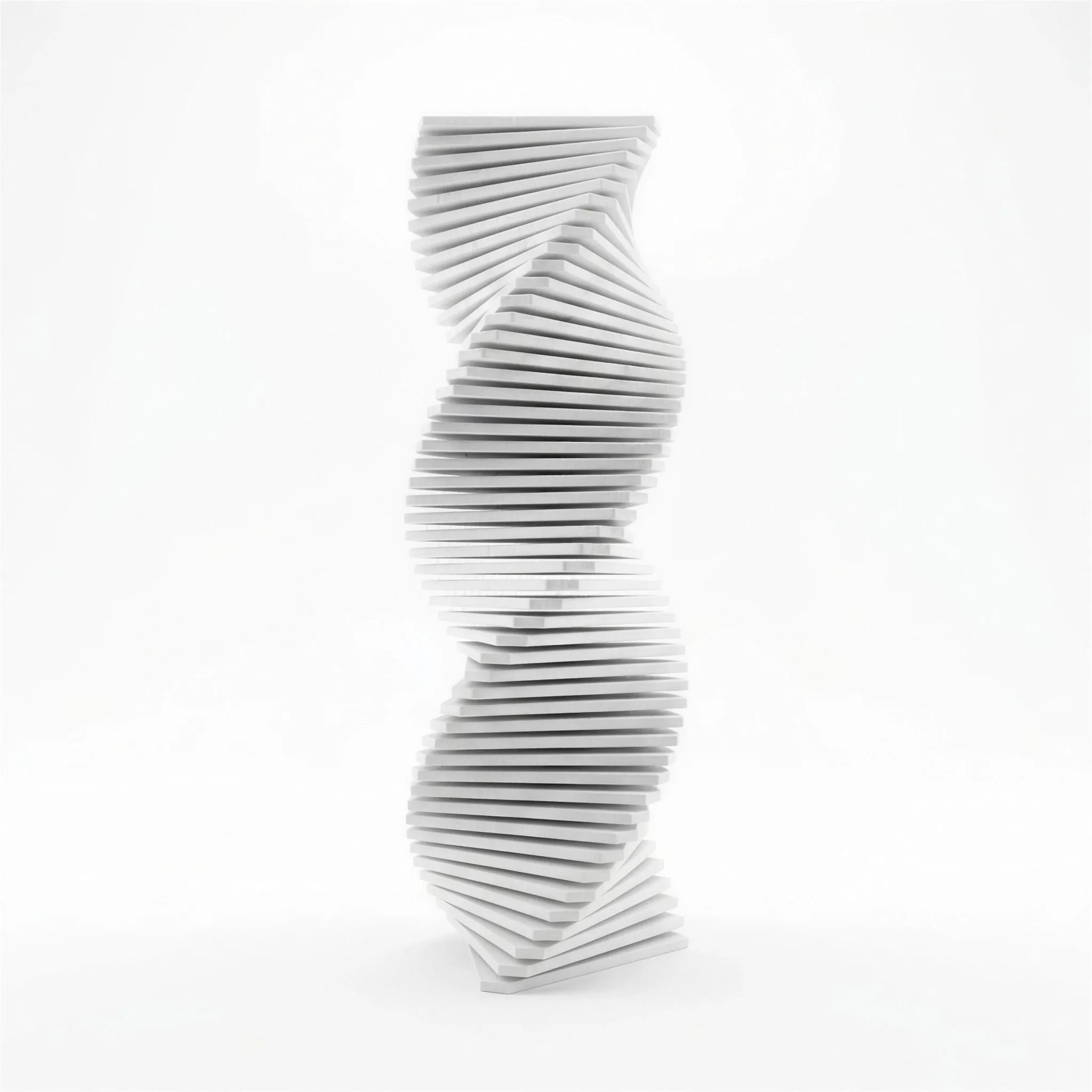 A vertical helix column of stacked white plates