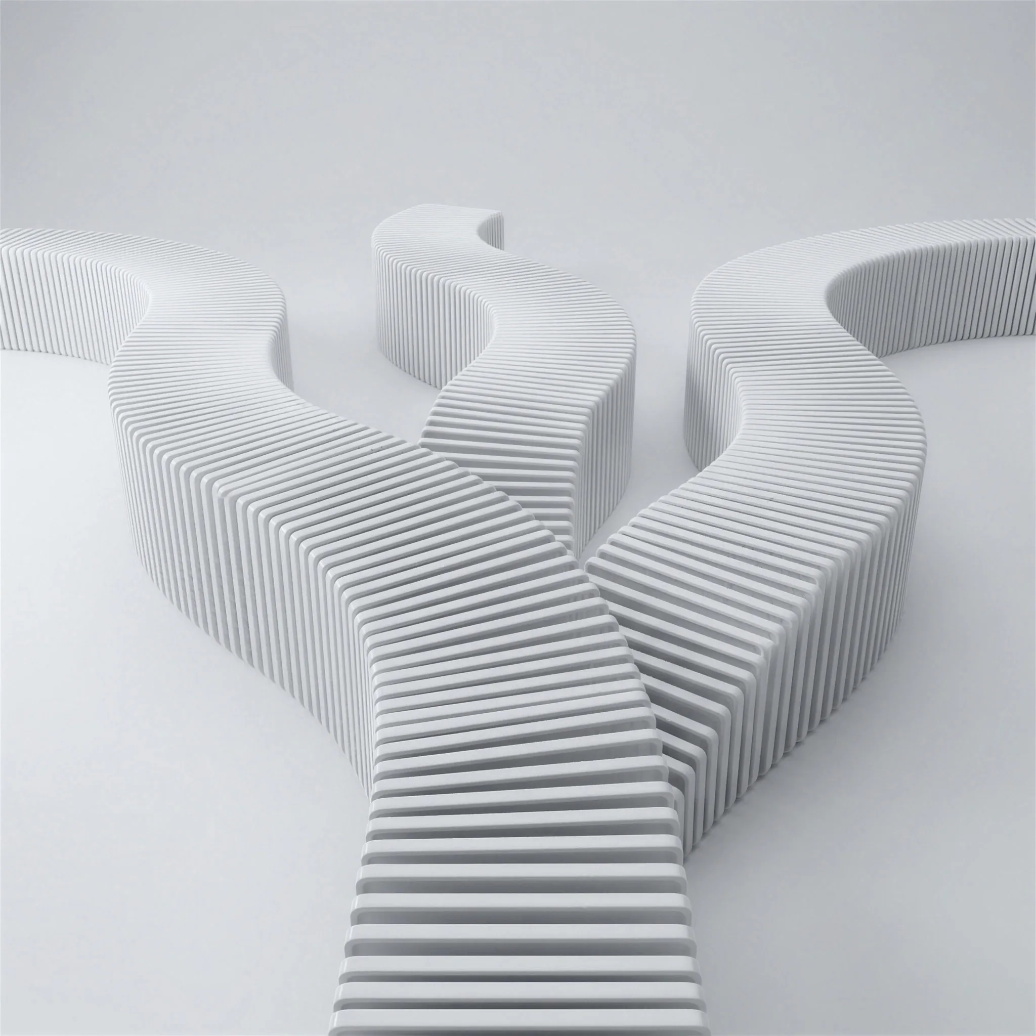 A branching path of stacked white plates forking into three routes