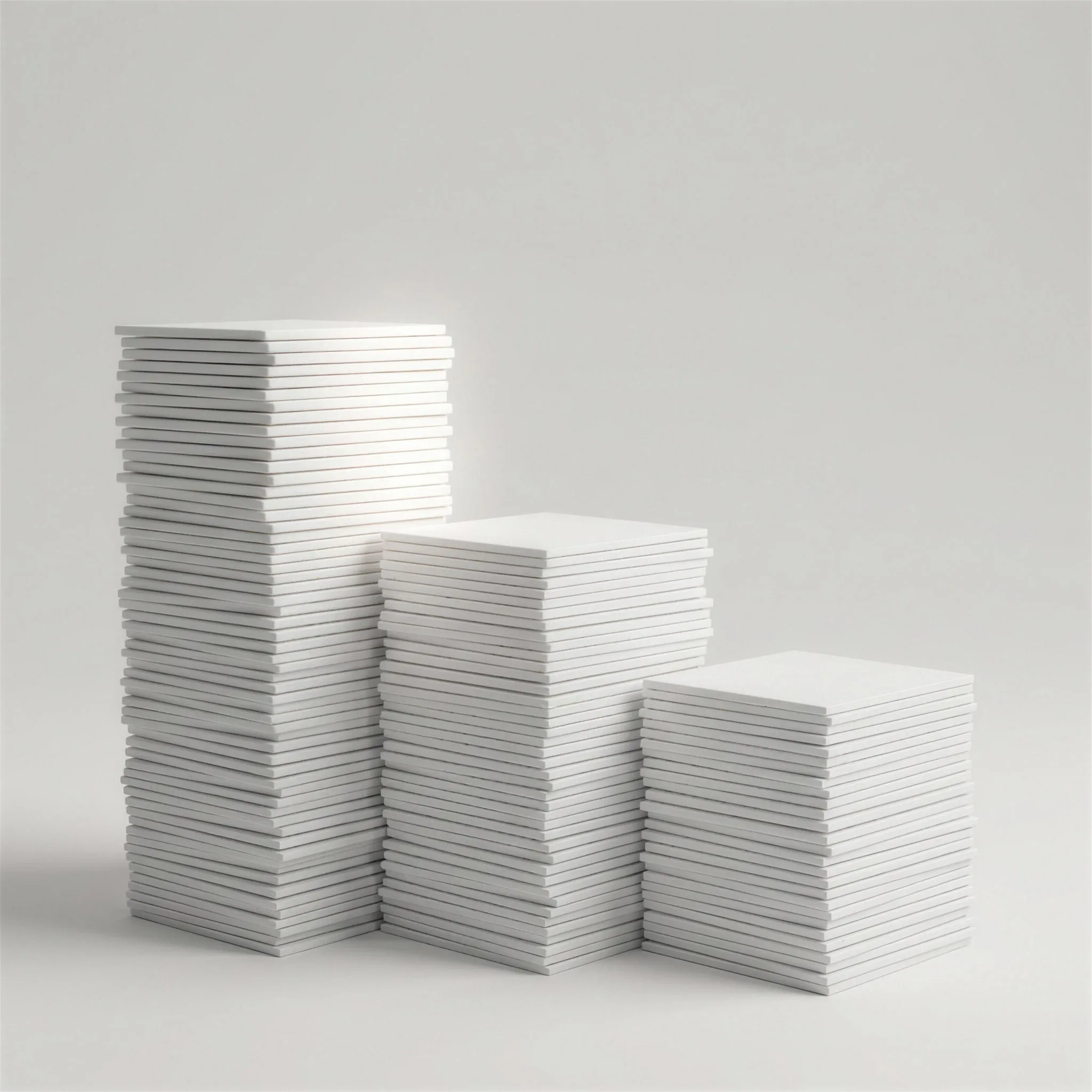 Three stepped podium blocks of stacked white plates at different heights