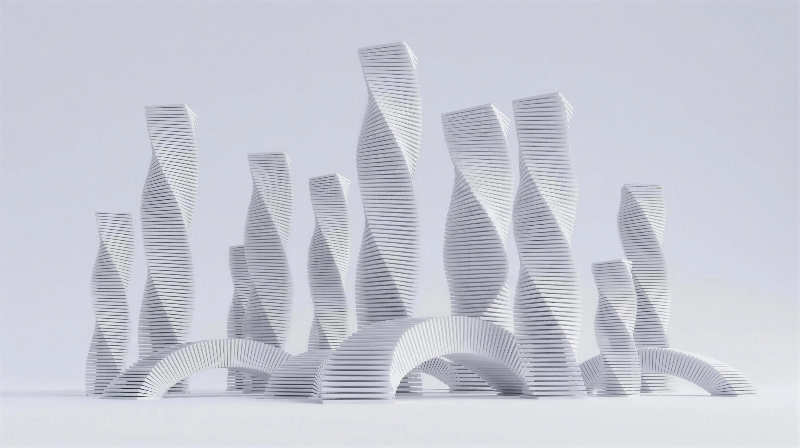 A skyline of twisted stacked-plate columns of varied heights growing together