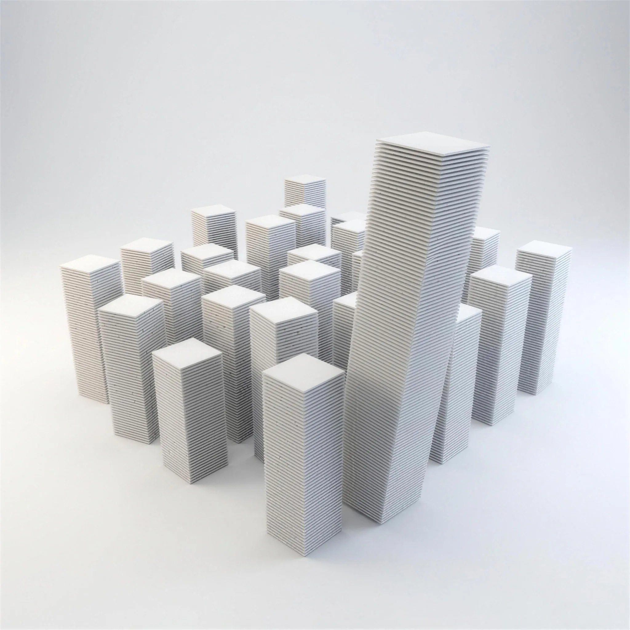 A grid of small stacked-plate columns with one taller column at the front