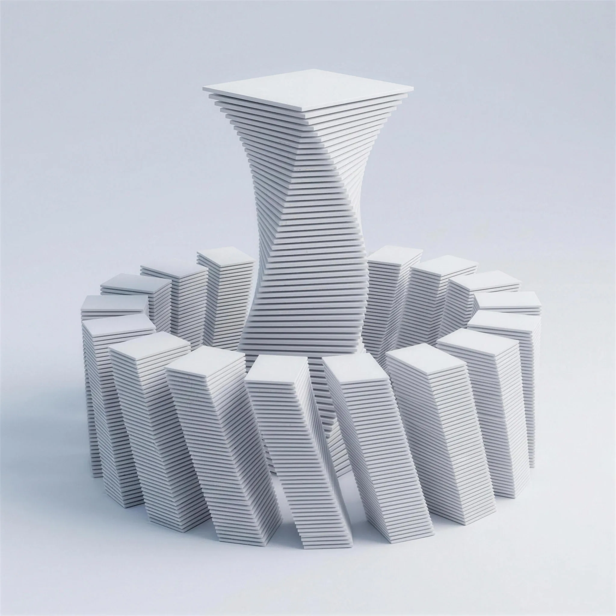 A tall central column of stacked plates surrounded by shorter columns
