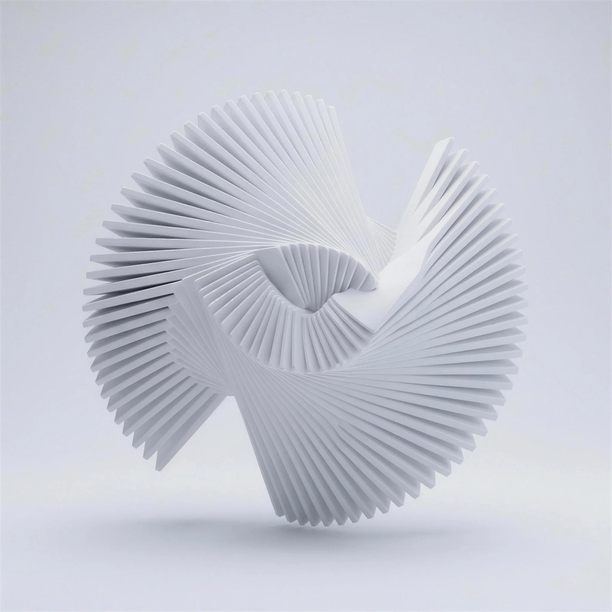 Two fans of stacked white plates meshing together like joined hands